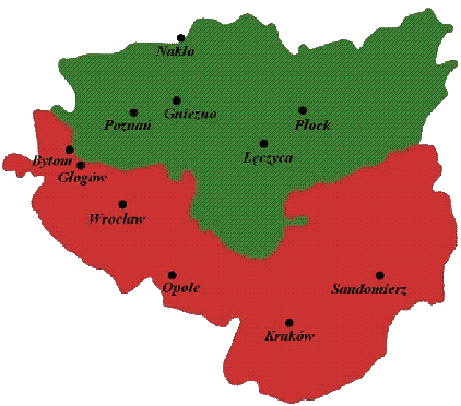 Partage du duché de Pologne en 1102 - En vert les Possessions de Zbigniew – en rouge celles de Boleslas III Bouche-Torse
